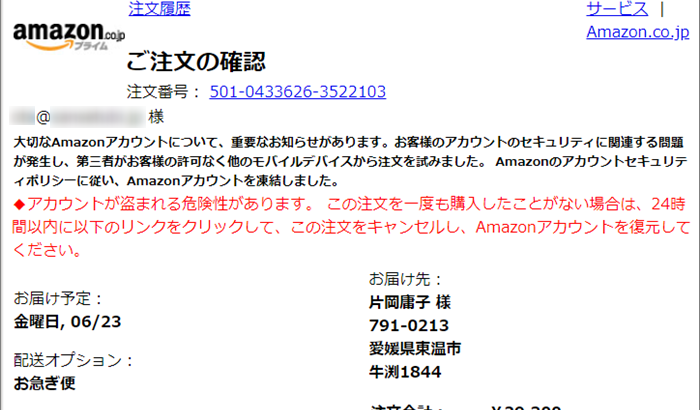 『詐欺メール』『Amazon.co.jpでのご注文501-0433626-3522101（1点）』と、来た件